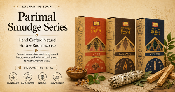 Promotional banner for Parimal Smudge Series incense, showing three product boxes labeled Myrrh, Palo Santo, and White Sage alongside incense sticks, a bundle of dried herbs, and spices on a beige textured background with text reading 'Launching Soon'.