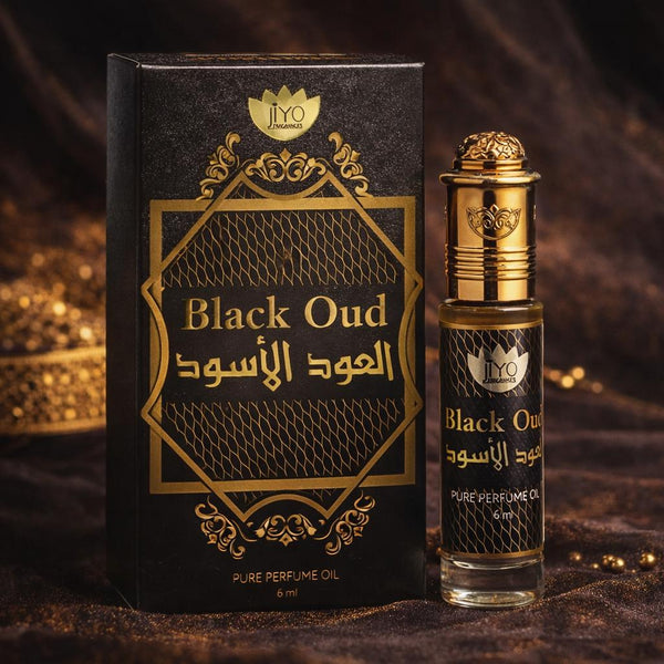 Black and gold 'Black Oud' perfume oil packaging with JYO branding on a dark background.