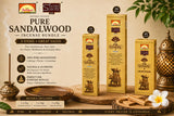 A product bundle advertisement for Natural's Pure Sandalwood Incense Sticks by Secret Scents, showing three different sized gold-colored boxes of incense on a wooden surface with a brass incense burner, a brass lamp, and a white flower.