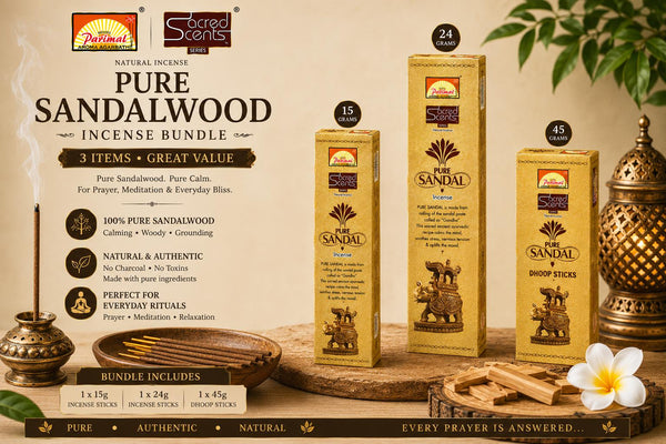 A product bundle advertisement for Natural's Pure Sandalwood Incense Sticks by Secret Scents, showing three different sized gold-colored boxes of incense on a wooden surface with a brass incense burner, a brass lamp, and a white flower.
