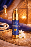 Burhan concentrated roll-on perfume oil styled in a luxury lifestyle setting with soft lighting