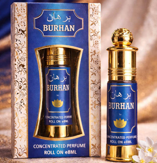 Burhan concentrated roll-on perfume oil by JIYO Fragrances in blue and gold packaging, alcohol-free 8ml